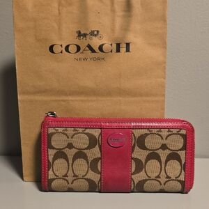 LOW START Coach Brown Signature Canvas & Pink Leather Zip Wallet